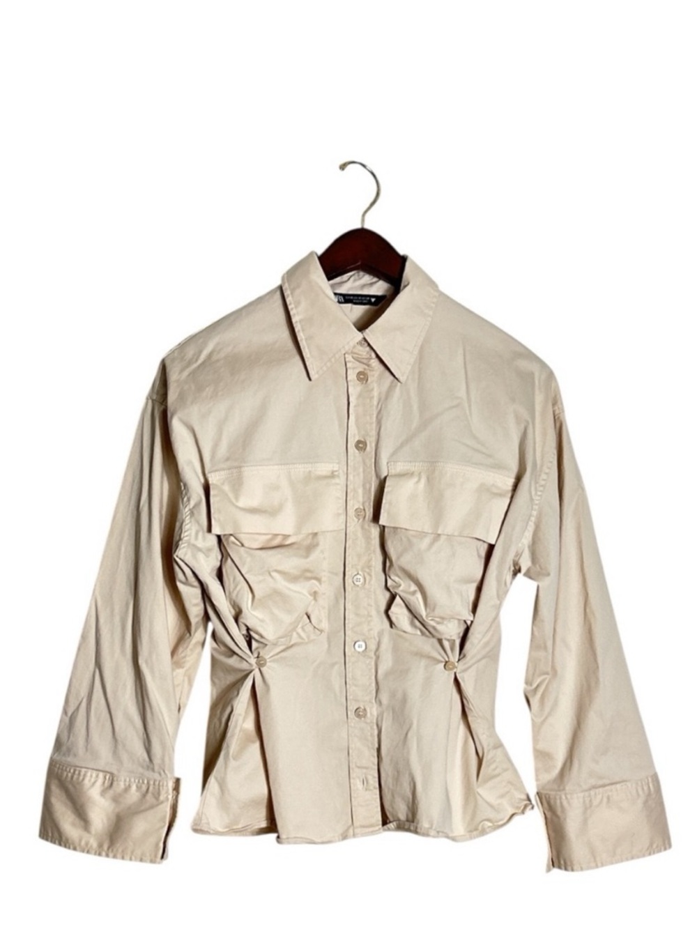 Zara Button-Front Utility Shirt in Light Beige